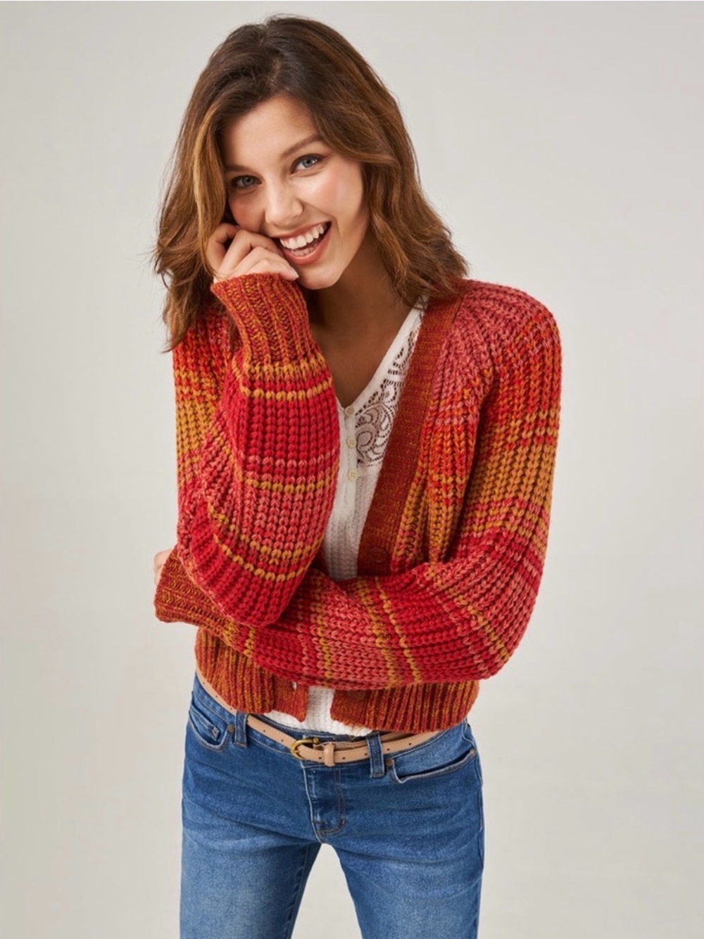 Frye Ombre Striped Cable Knit Boxy Cardigan Balloon Sleeve Rust Fall Cottage Lg.